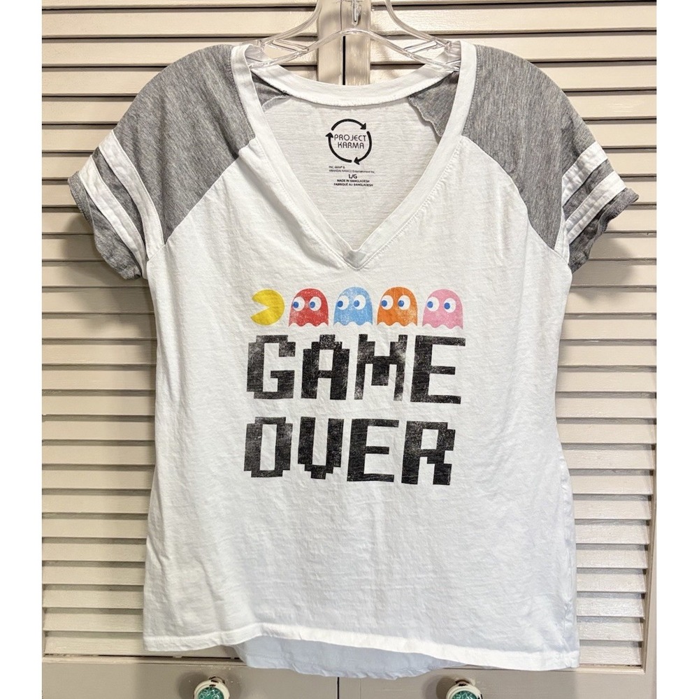 Project Karma Pac-Man Y2k Graphic Short Sleeve T-Shirt Size Large V Neck Gaming